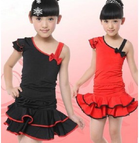 Black red one shoulder toddlers kids child children girls baby gymnastics practice latin stage performance salsa cha cha dance dresses split sets